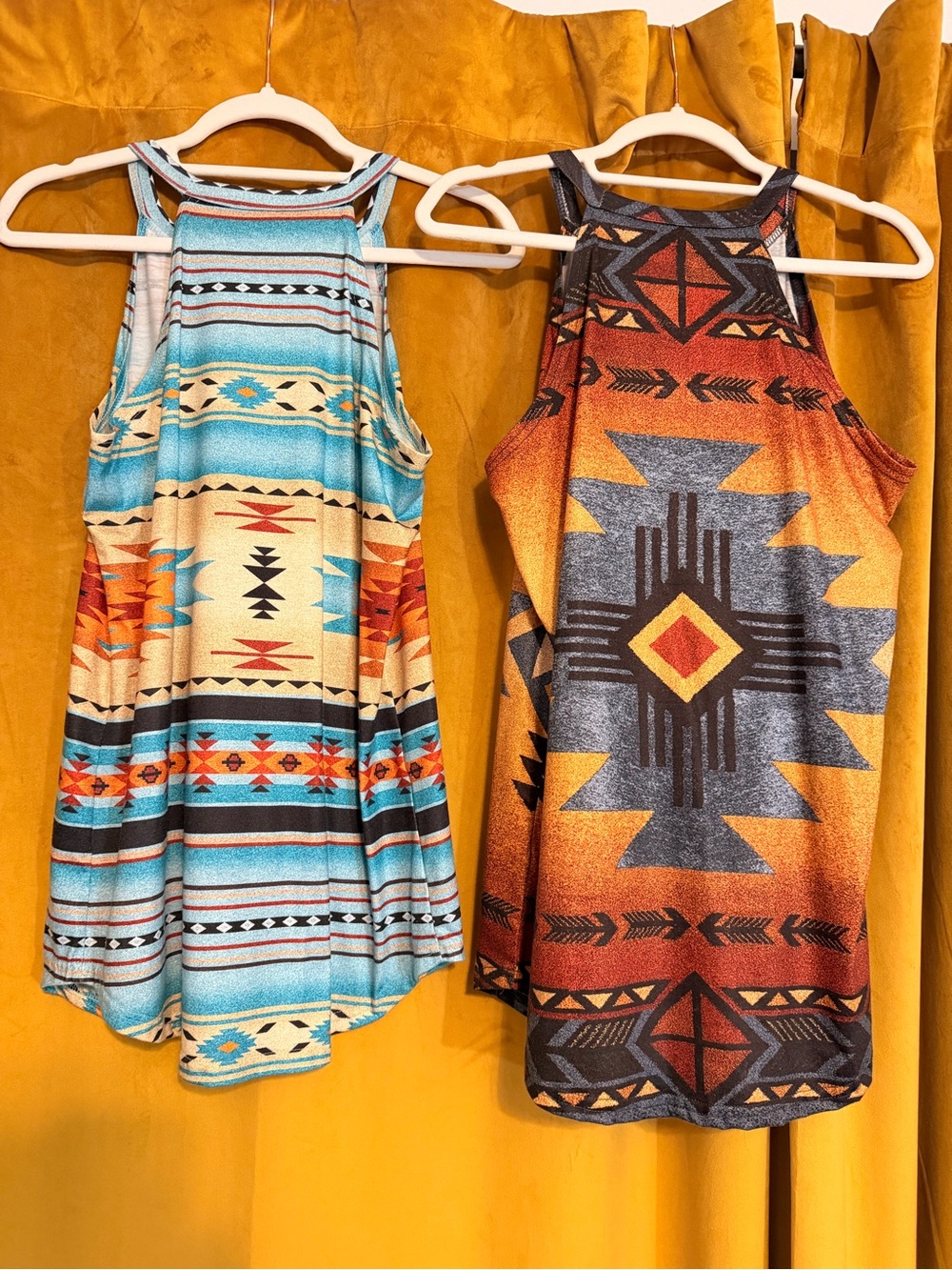 Set of 2 Southwestern Print Halter Tank Tops - Turquoise & Rust